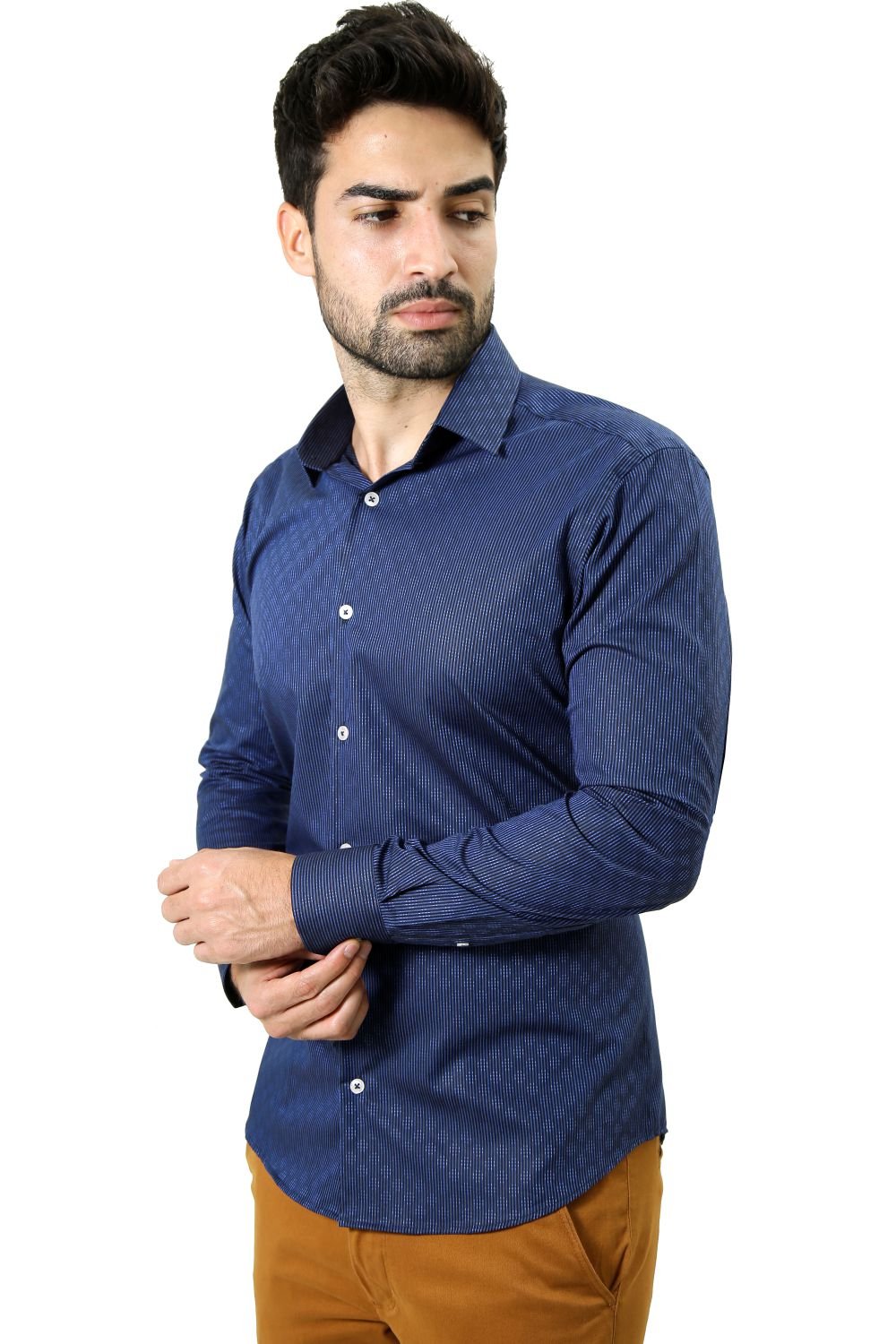 camisa social manga longa basica masculina de tricoline com elastano - azul