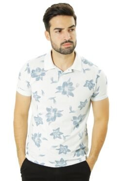 camisa polo conceito prisma piquet estampada floral branco-azul