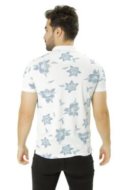camisa polo manga curta conceito prisma piquet estampada floral branco-azul